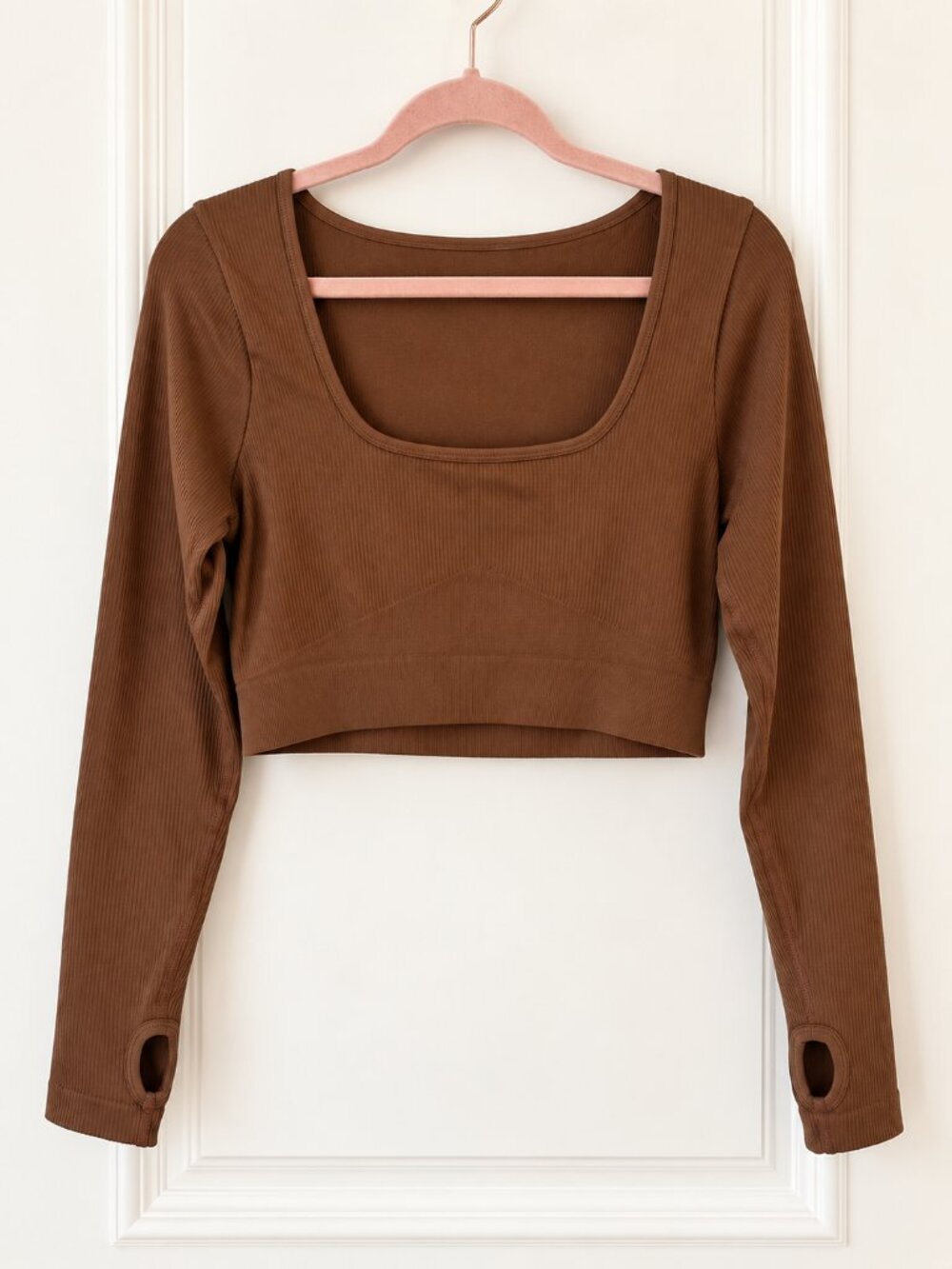 CUPSHE Women’s Ribbed Cropped Long Sleeve Square Neck Top Brown XL NWT
